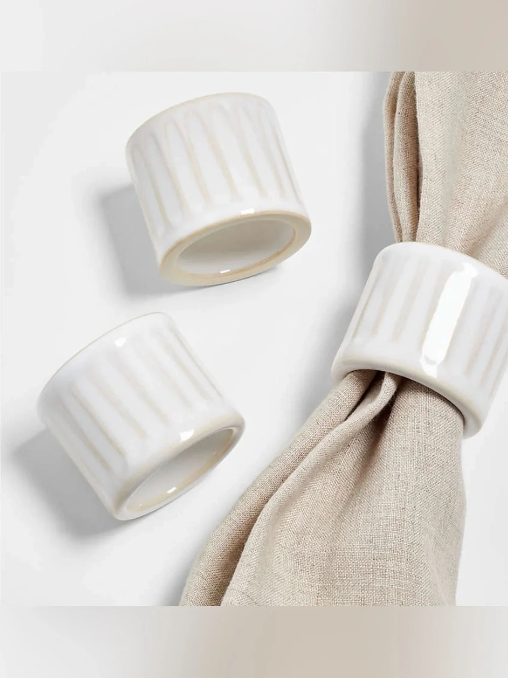 Crate&Barrel Cream Ribbed Ceramic Napkin Rings - Set of 6